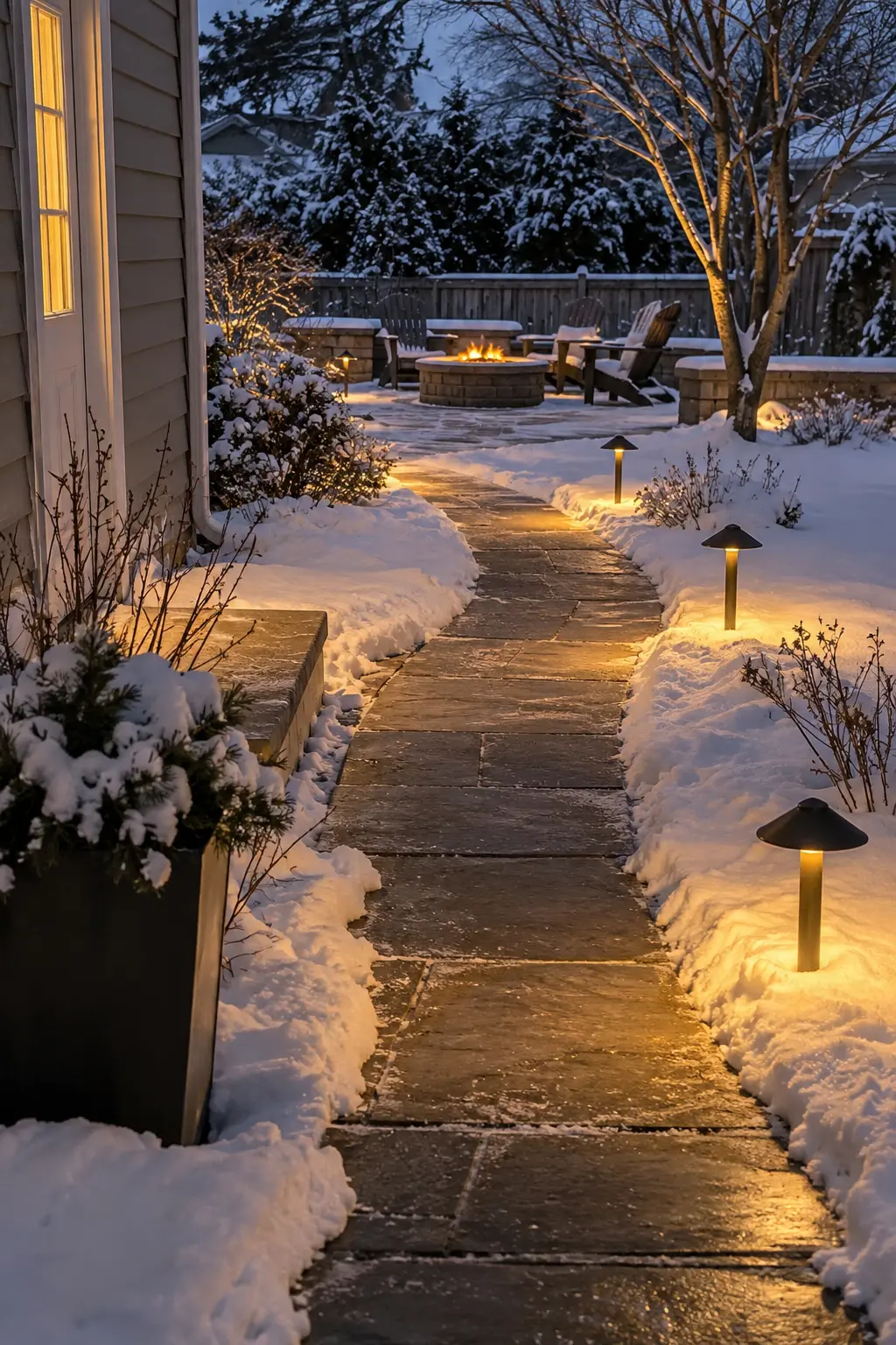 Add Warm Path Lights in a winter backyard