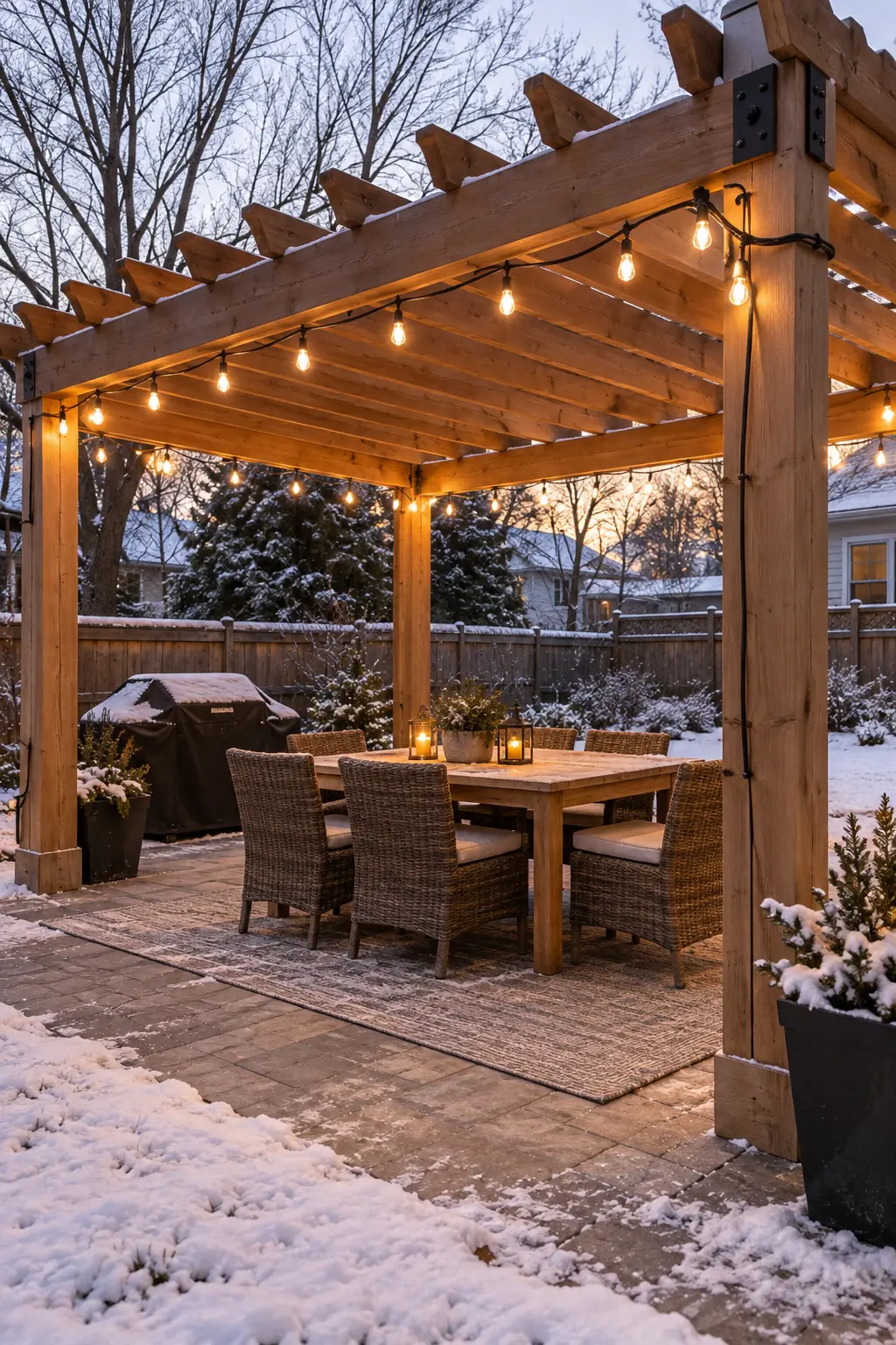 Hang Outdoor String Lights Correctly in a winter backyard