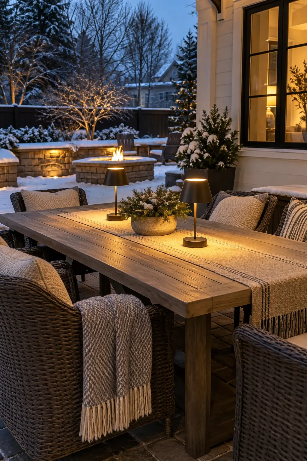 Place Rechargeable Lamps on the Table in a winter backyard