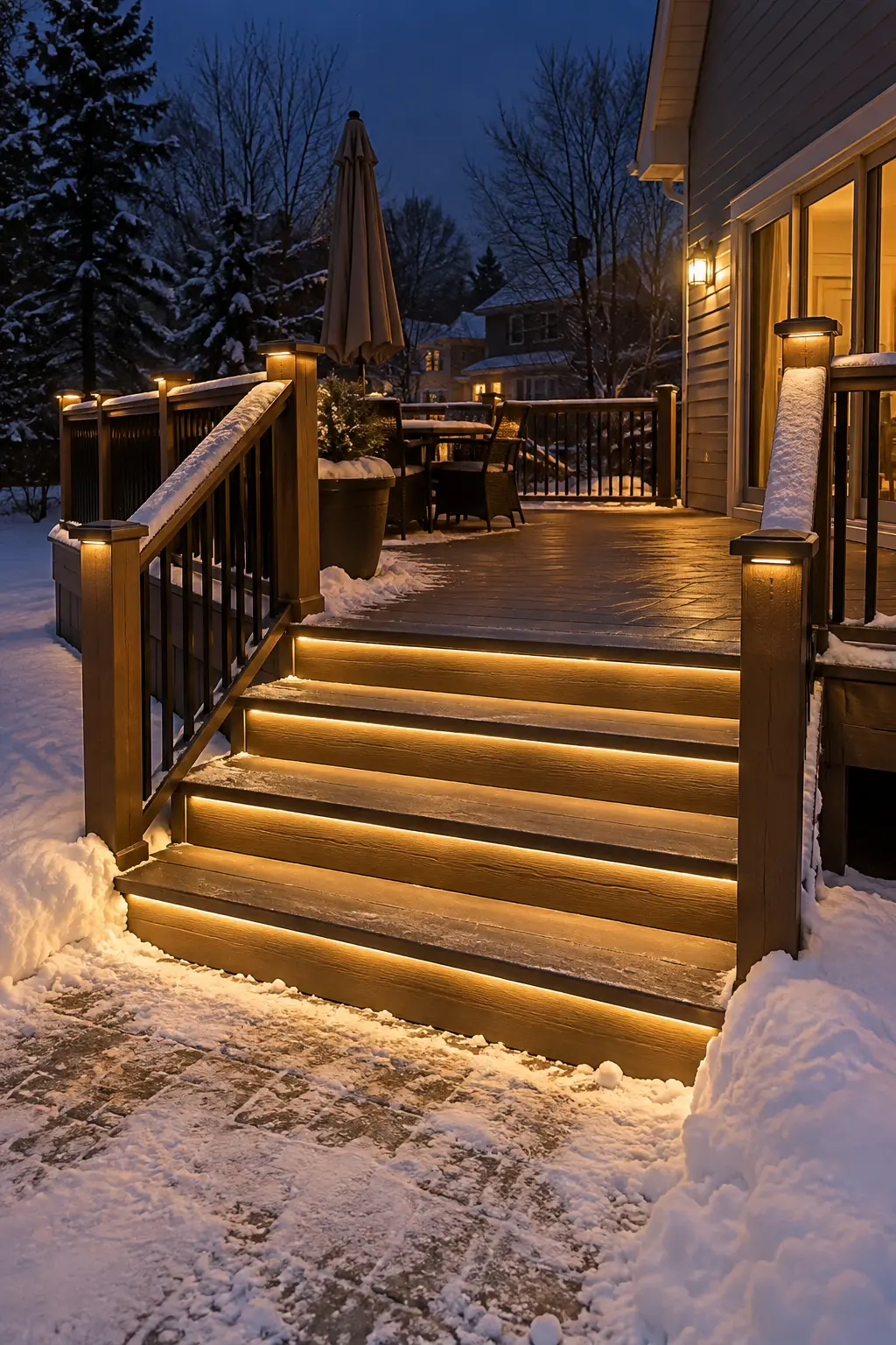 Light Steps and Deck Edges in a winter backyard
