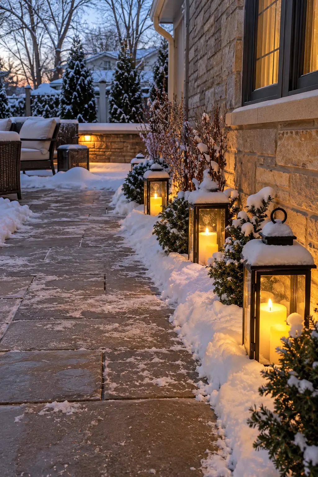 Use Lanterns With Flameless Candles in a winter backyard