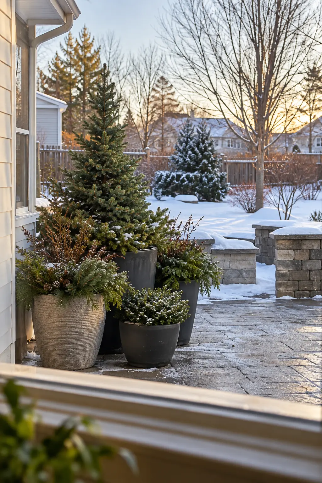 Frame the View With Evergreen Containers in a winter backyard