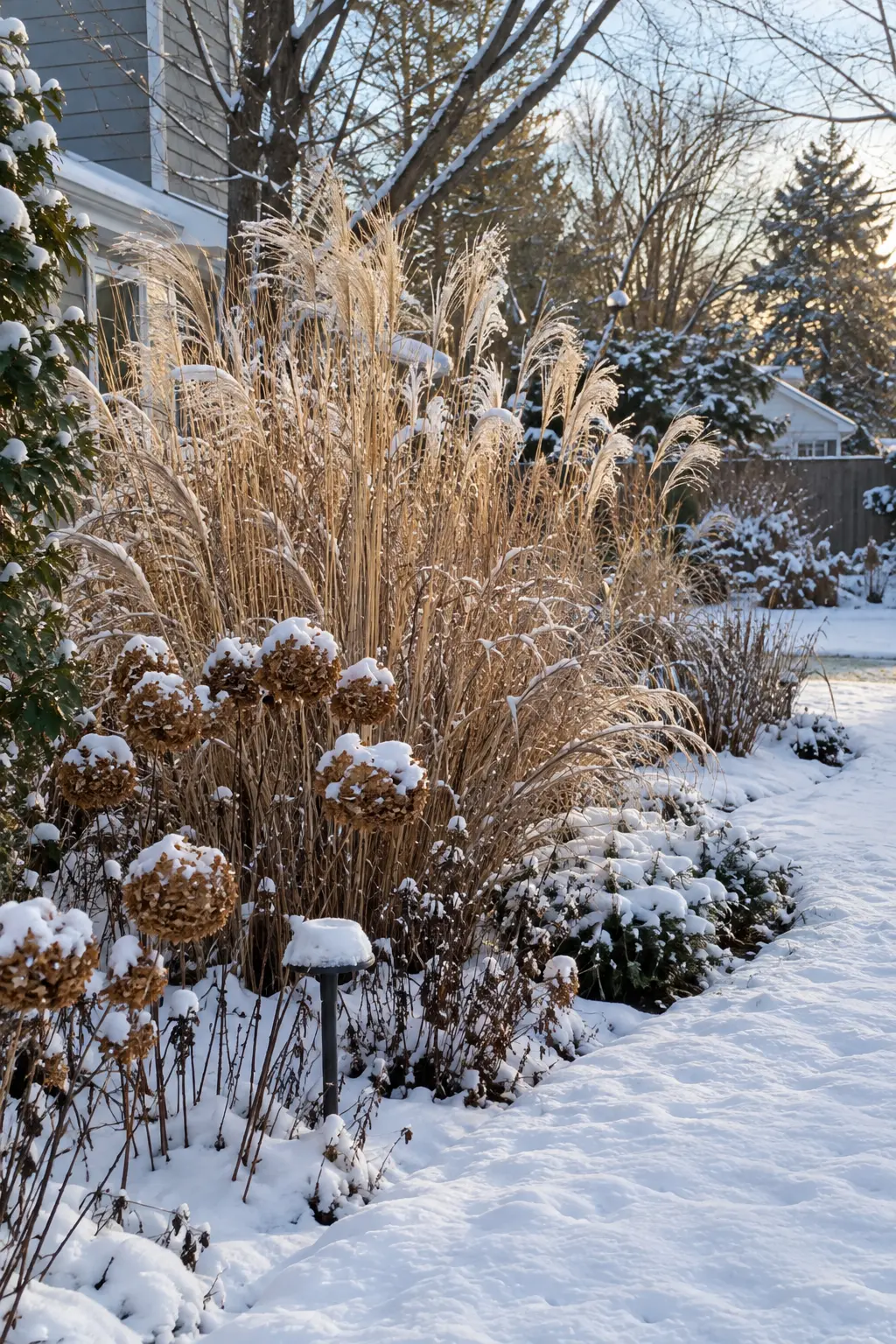 Leave Ornamental Grasses Standing in a winter backyard