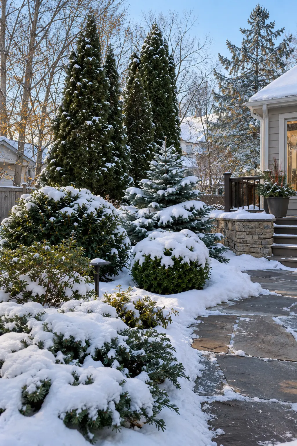 Build Structure With Mixed Evergreens in a winter backyard