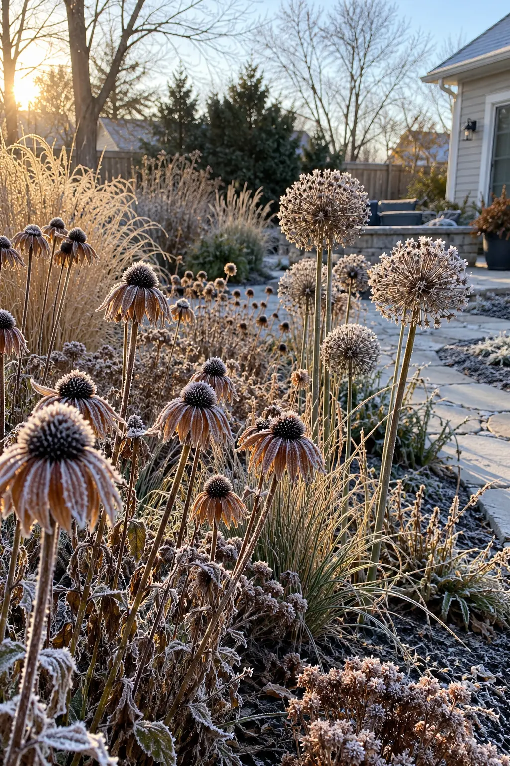 Keep Sculptural Seed Heads in a winter backyard