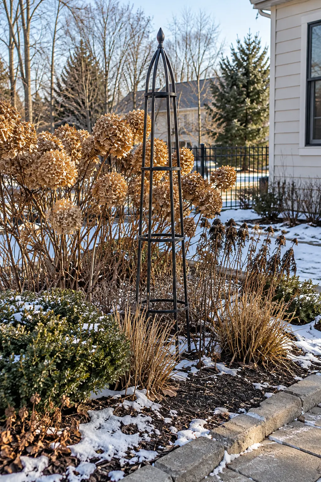 Add a Simple Garden Obelisk in a winter backyard
