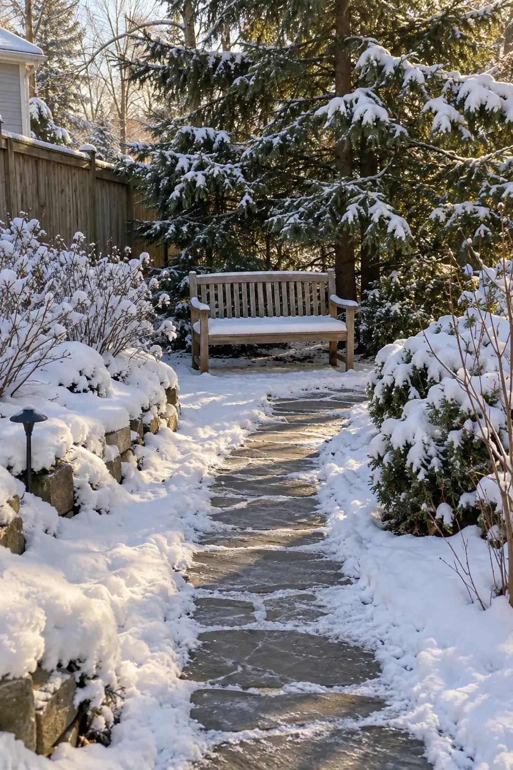 Use a Bench as a Winter Focal Point in a winter backyard