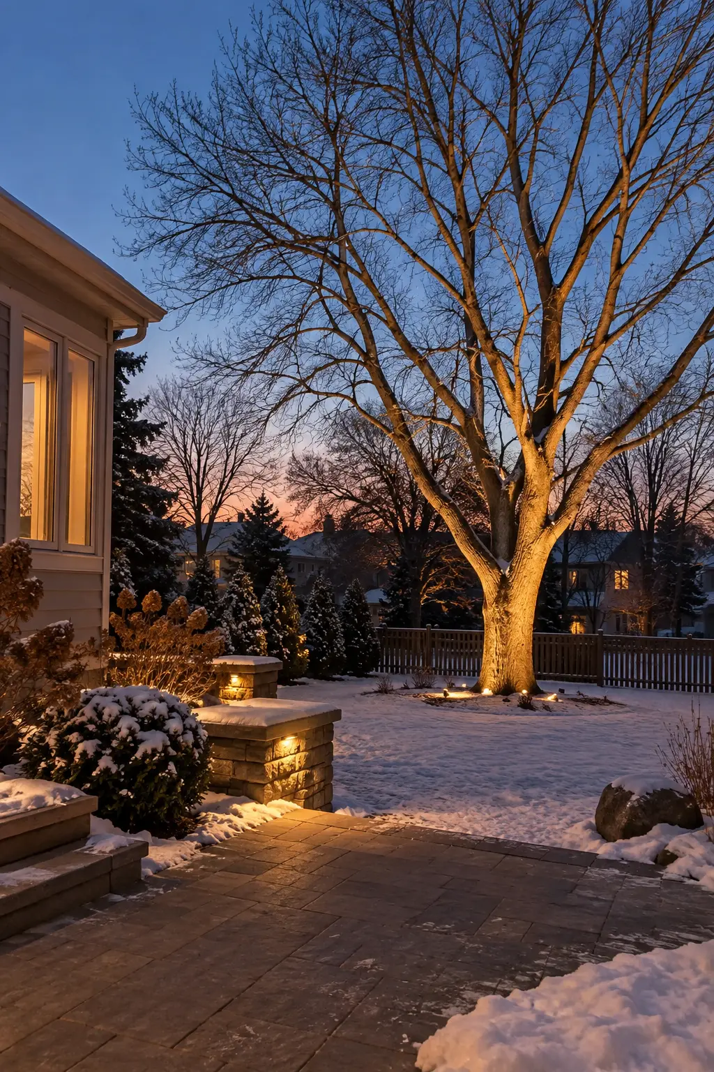 Highlight One Tree With Uplighting in a winter backyard