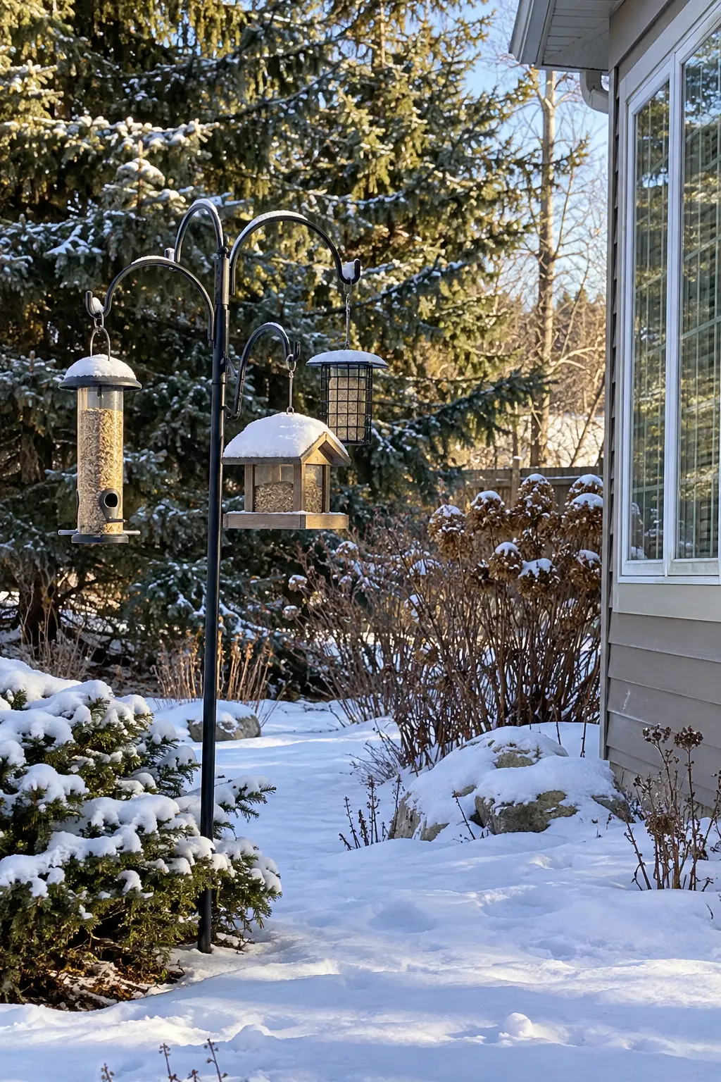 Clean and Refill Bird Feeders in a winter backyard