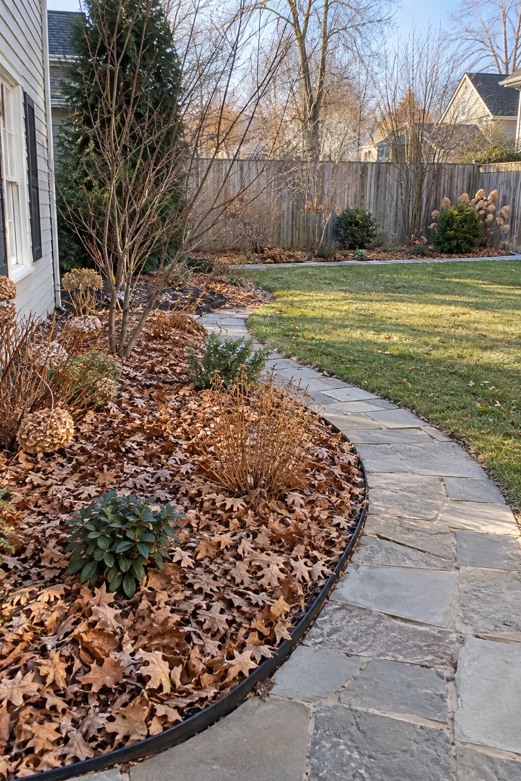 Leave Leaves in Designated Beds in a winter backyard