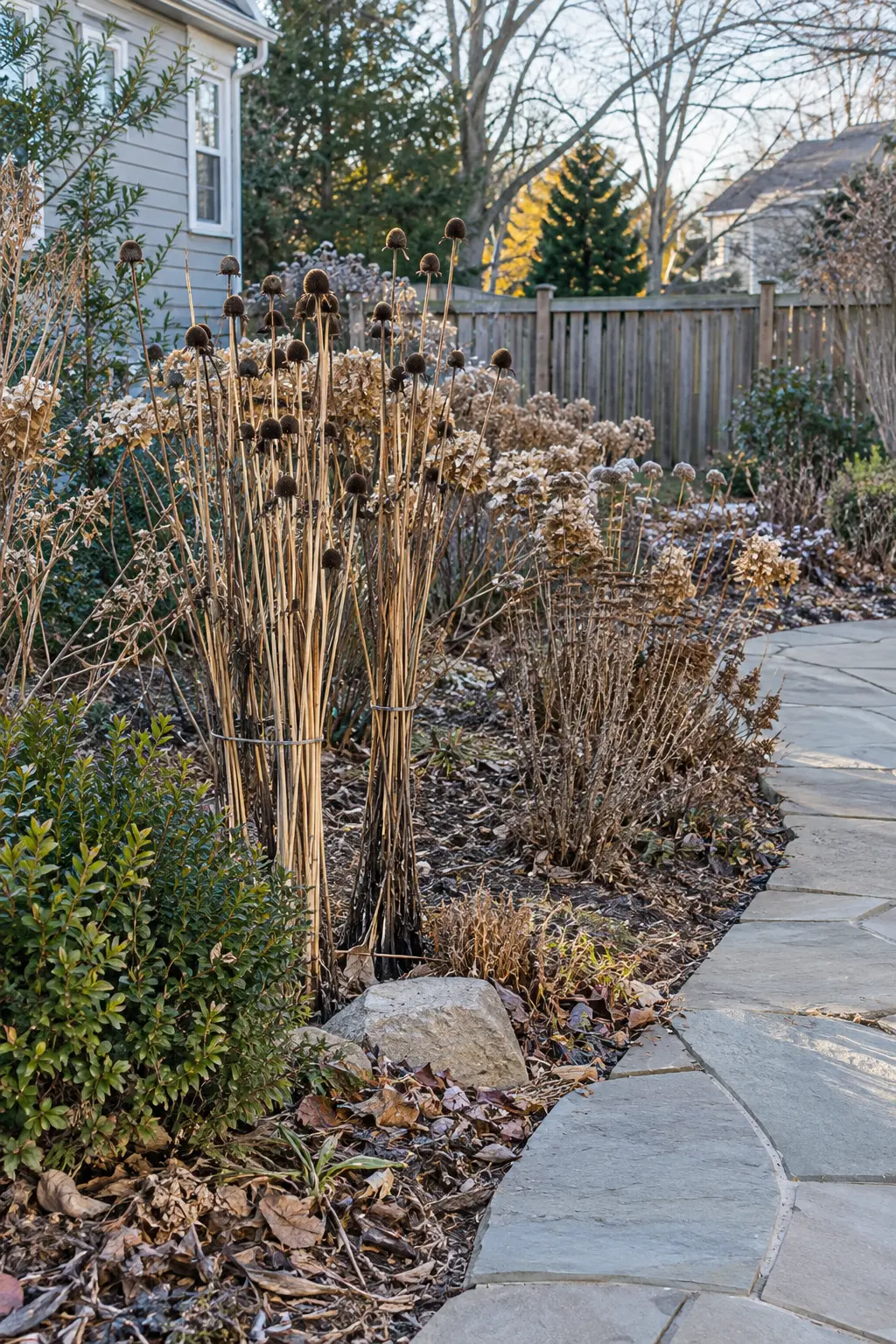 Delay Cutting Hollow Stems in a winter backyard