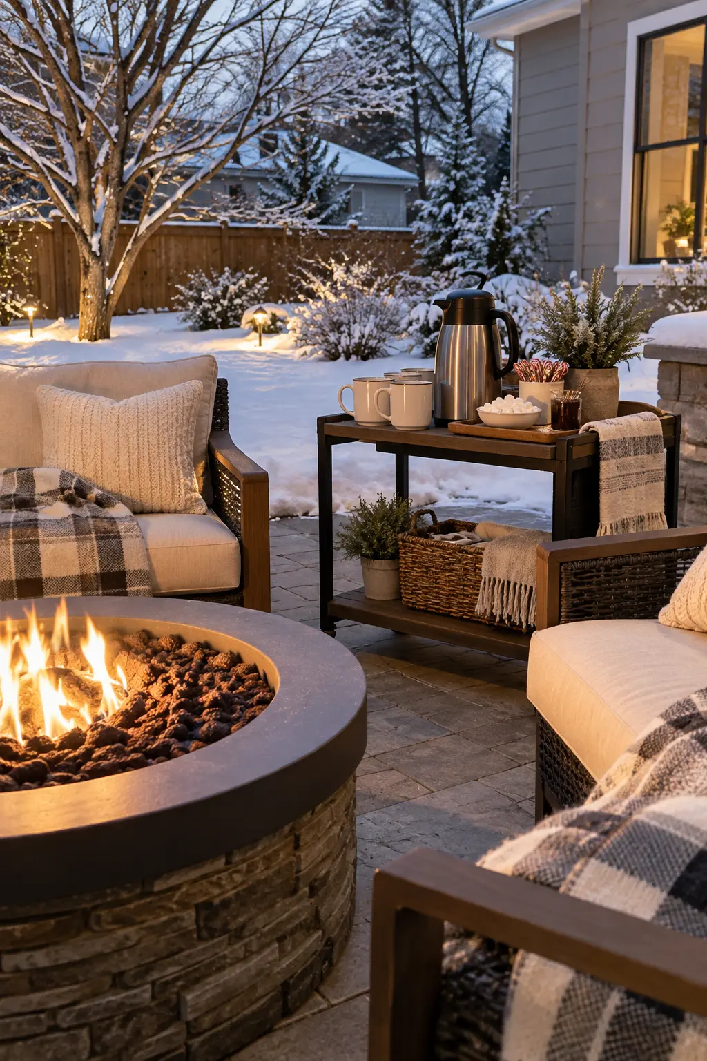Set Up an Outdoor Cocoa Table in a winter backyard