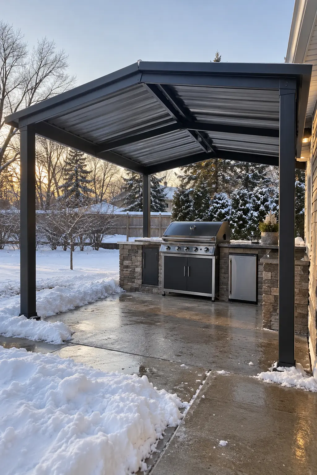 Make a Covered Grill Station in a winter backyard