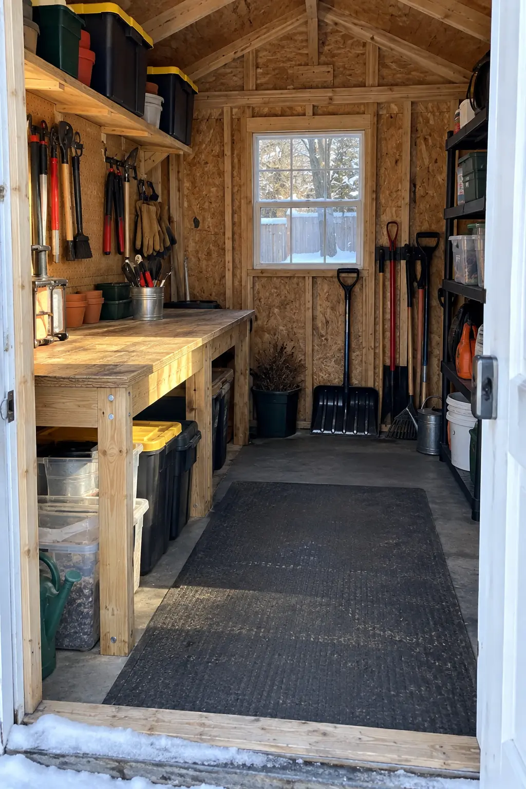 Use a Shed as a Winter Work Zone in a winter backyard