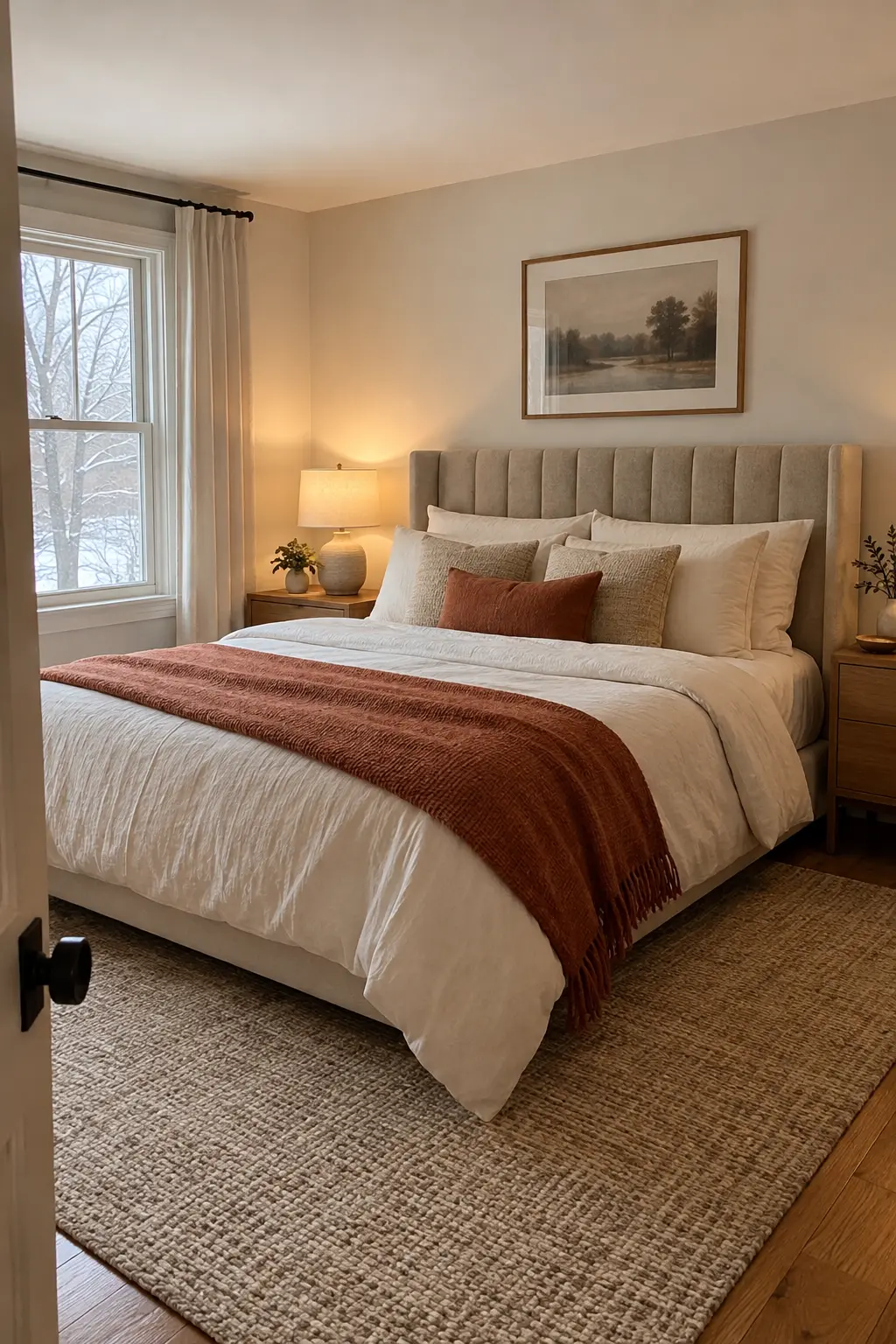 Winter bedroom with an oatmeal quilt and rust wool throw across the foot of the bed