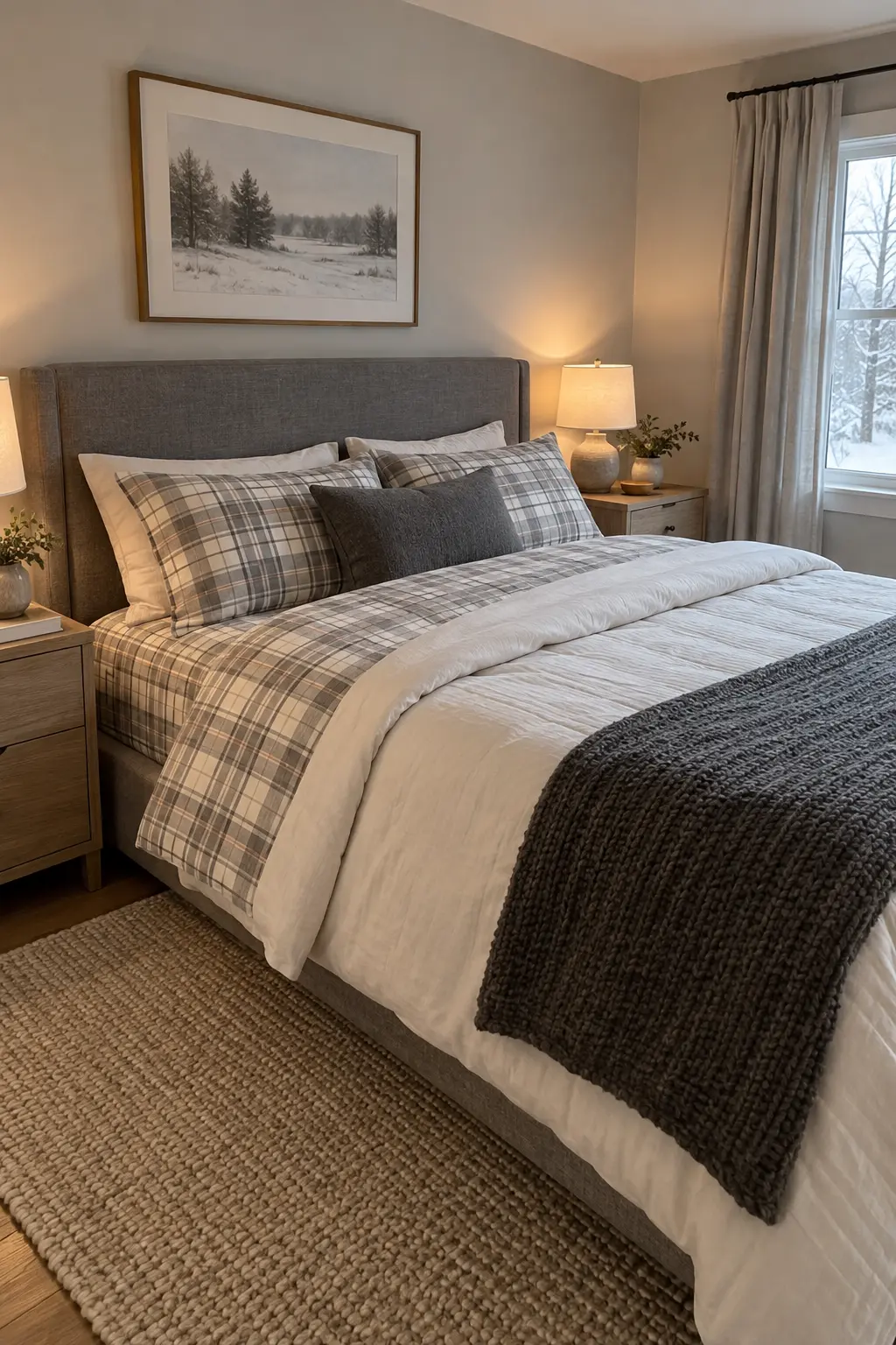Gray plaid flannel sheets revealed beneath a turned-back white duvet