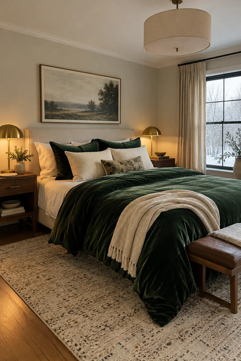 Winter bedroom with a deep forest-green velvet duvet and cream pillows