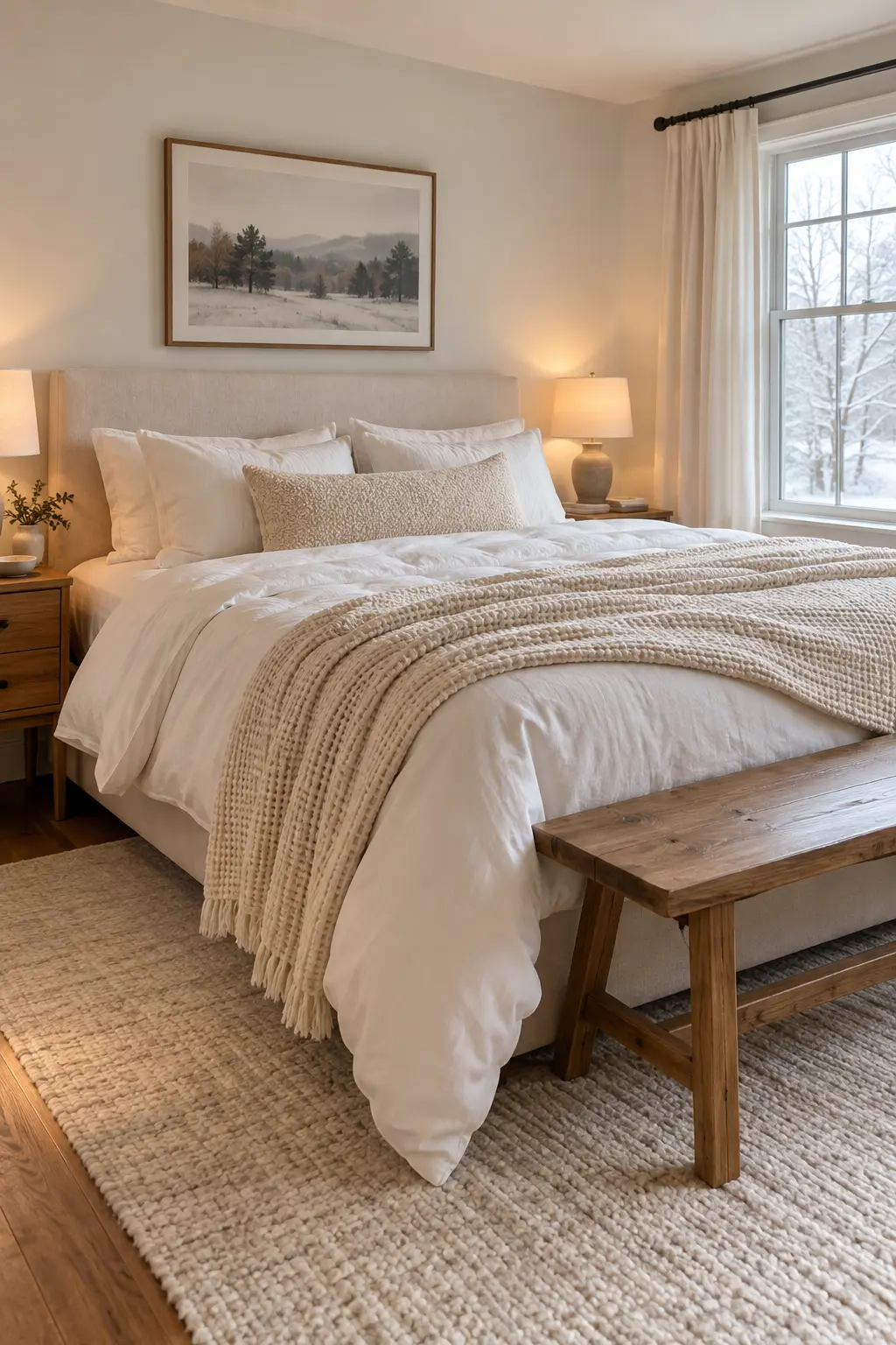 Tonal white winter bed layered with cotton boucle waffle weave and wool