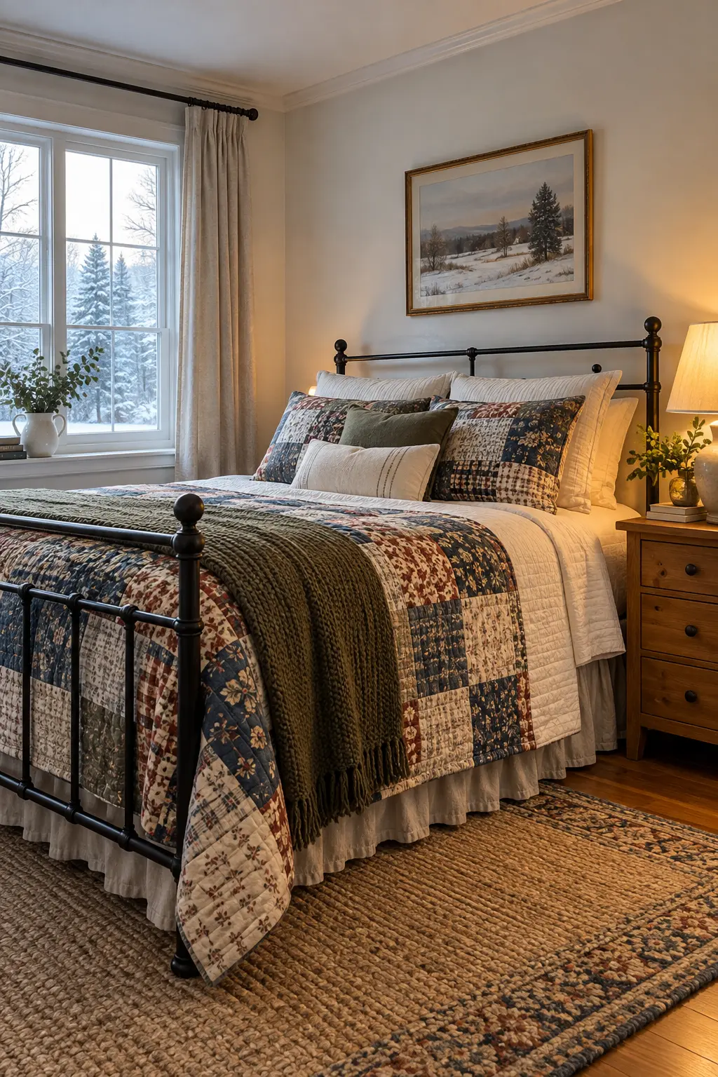 Cottage winter bedroom with a muted patchwork quilt on an iron bed