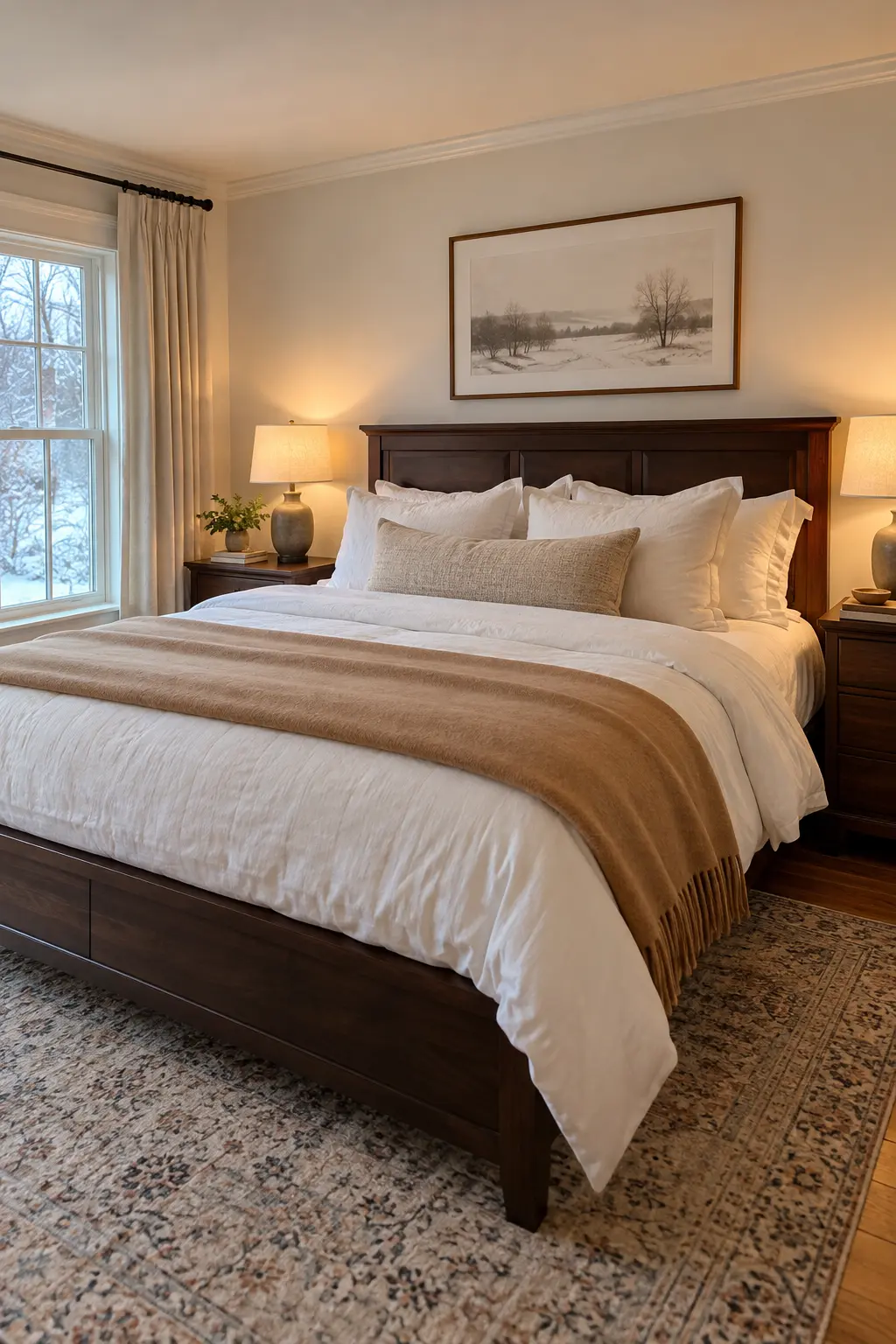 Tailored winter bed with a camel wool blanket in a wide hotel fold
