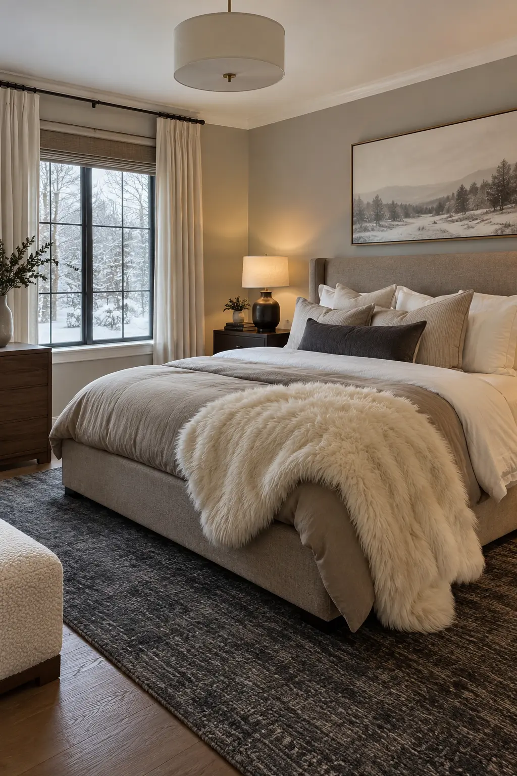 Contemporary winter bedroom with one ivory faux-fur throw on a taupe bed