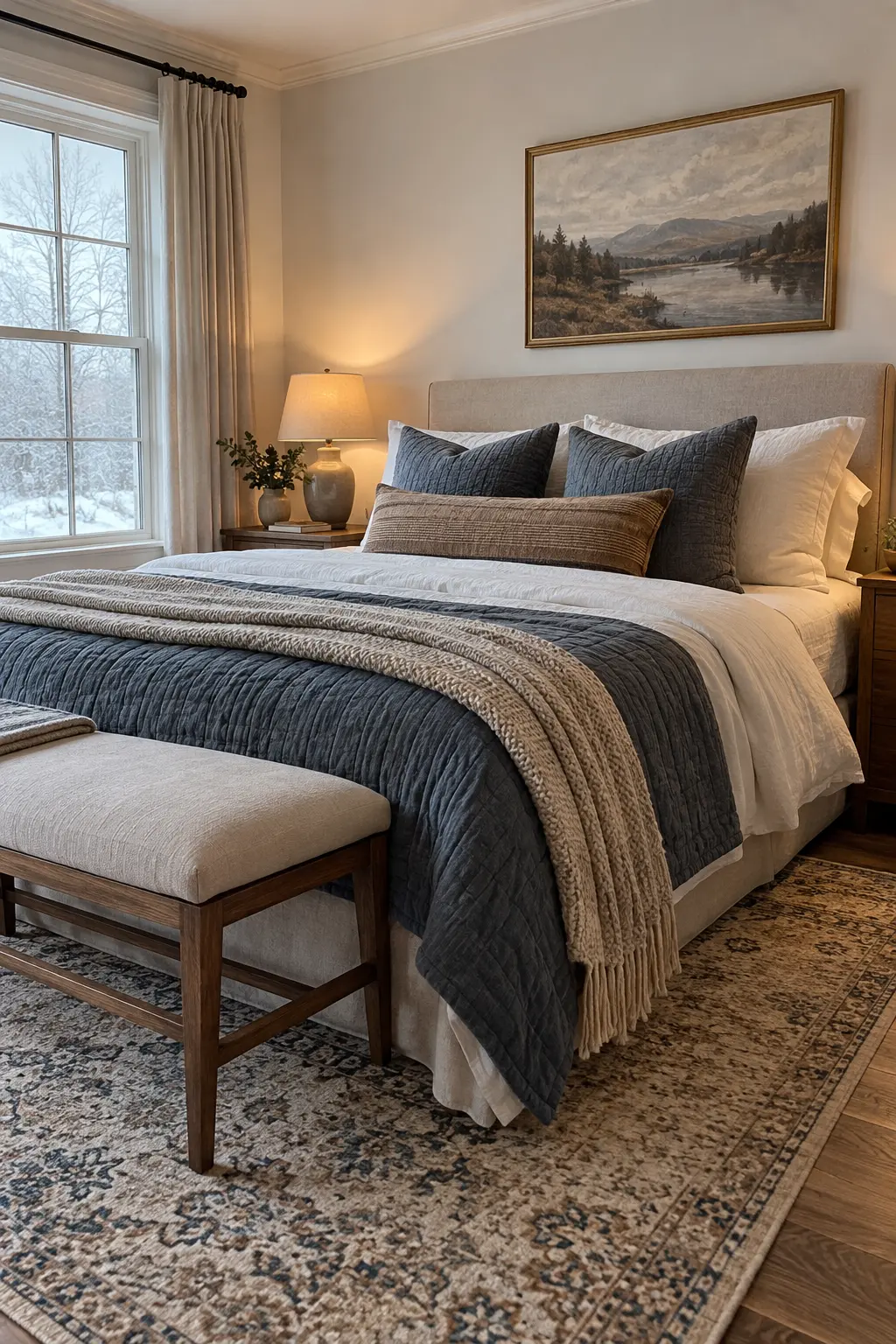 Winter bed with two sleeping pillows two textured shams and one lumbar pillow