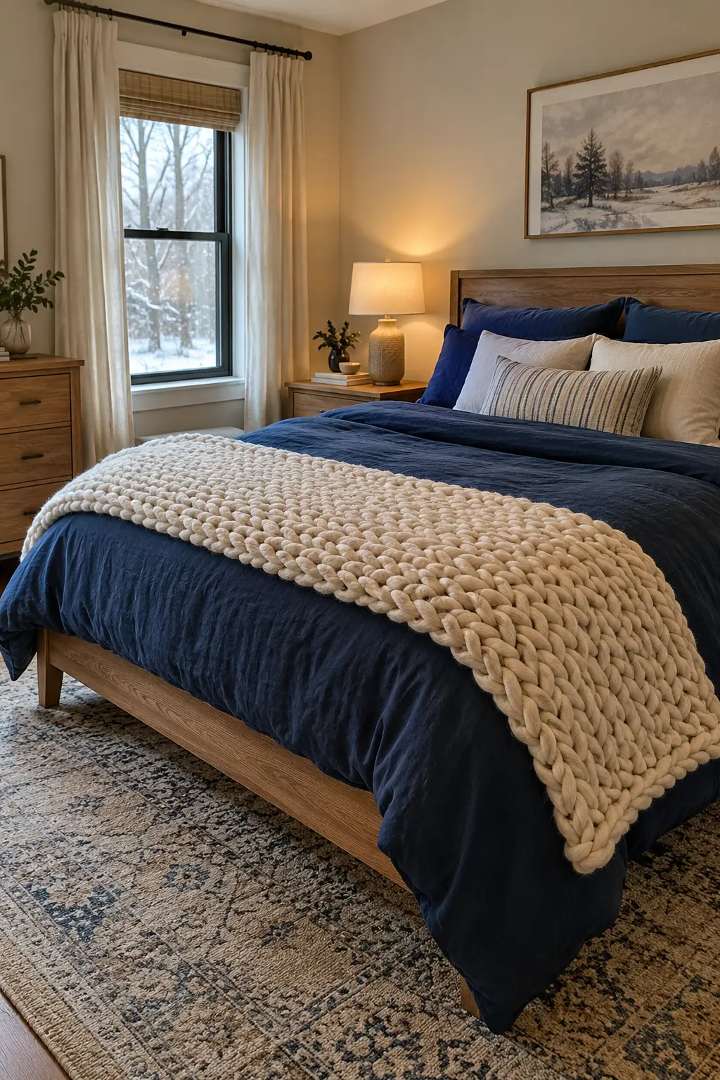 Navy winter bed with a cream chunky-knit bed scarf