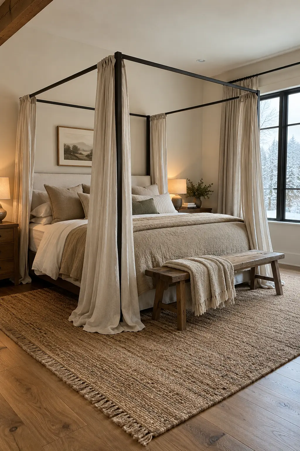 Black canopy bed softened by loose natural-linen panels for winter