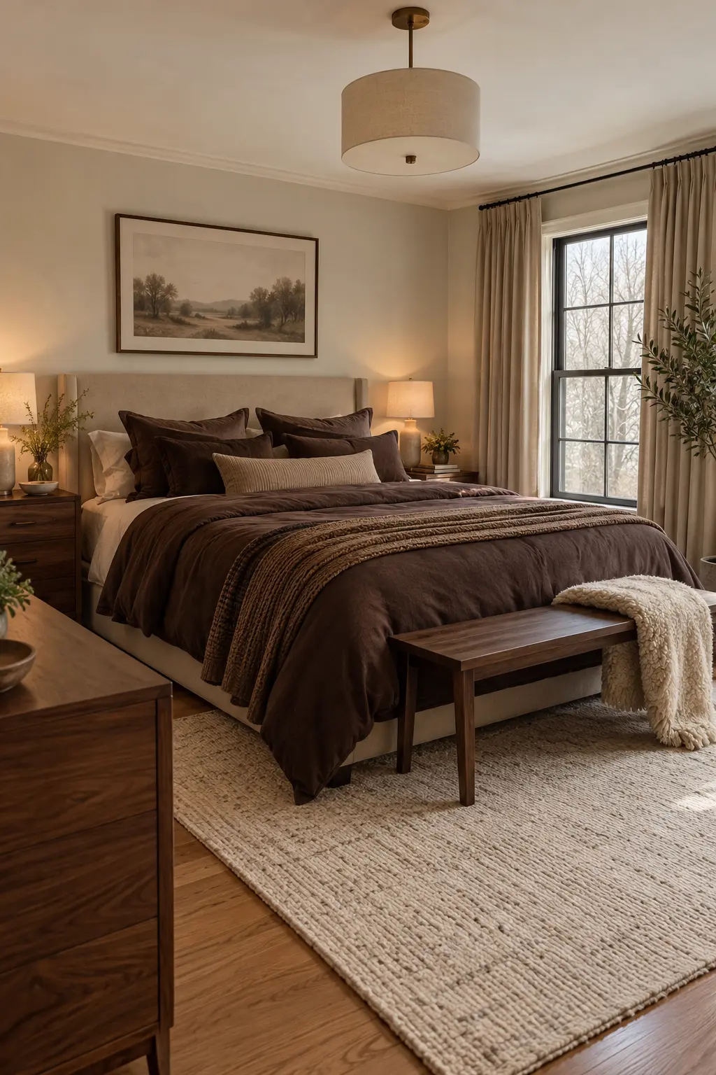 Winter bedroom layered in chocolate brown oatmeal and walnut