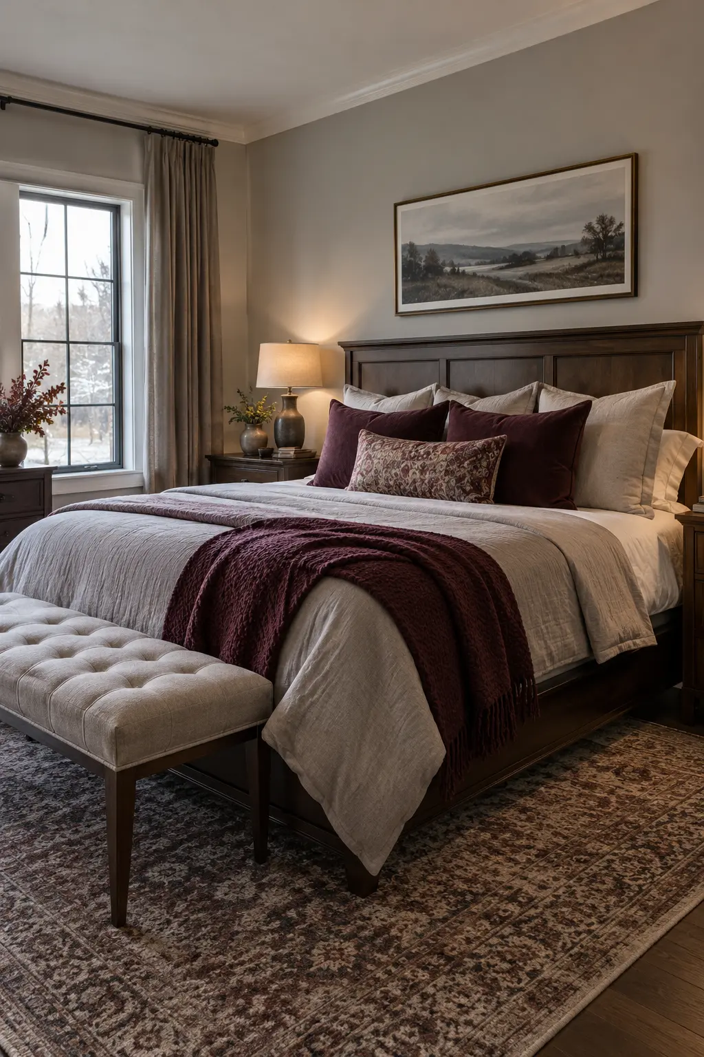 Gray winter bedroom with restrained burgundy and plum textile accents