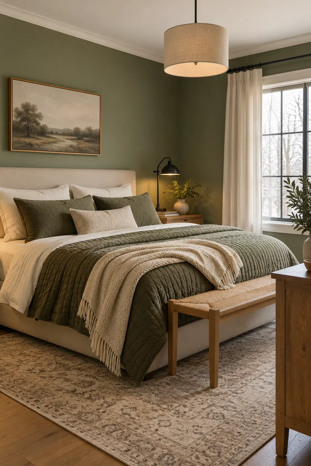 Winter bedroom combining sage walls olive bedding cream linens and oak