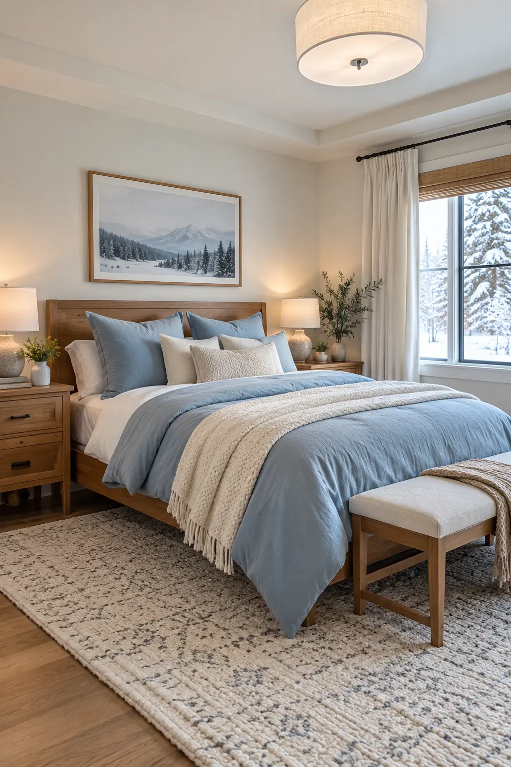 Icy-blue winter bedding balanced by warm honey-oak furniture