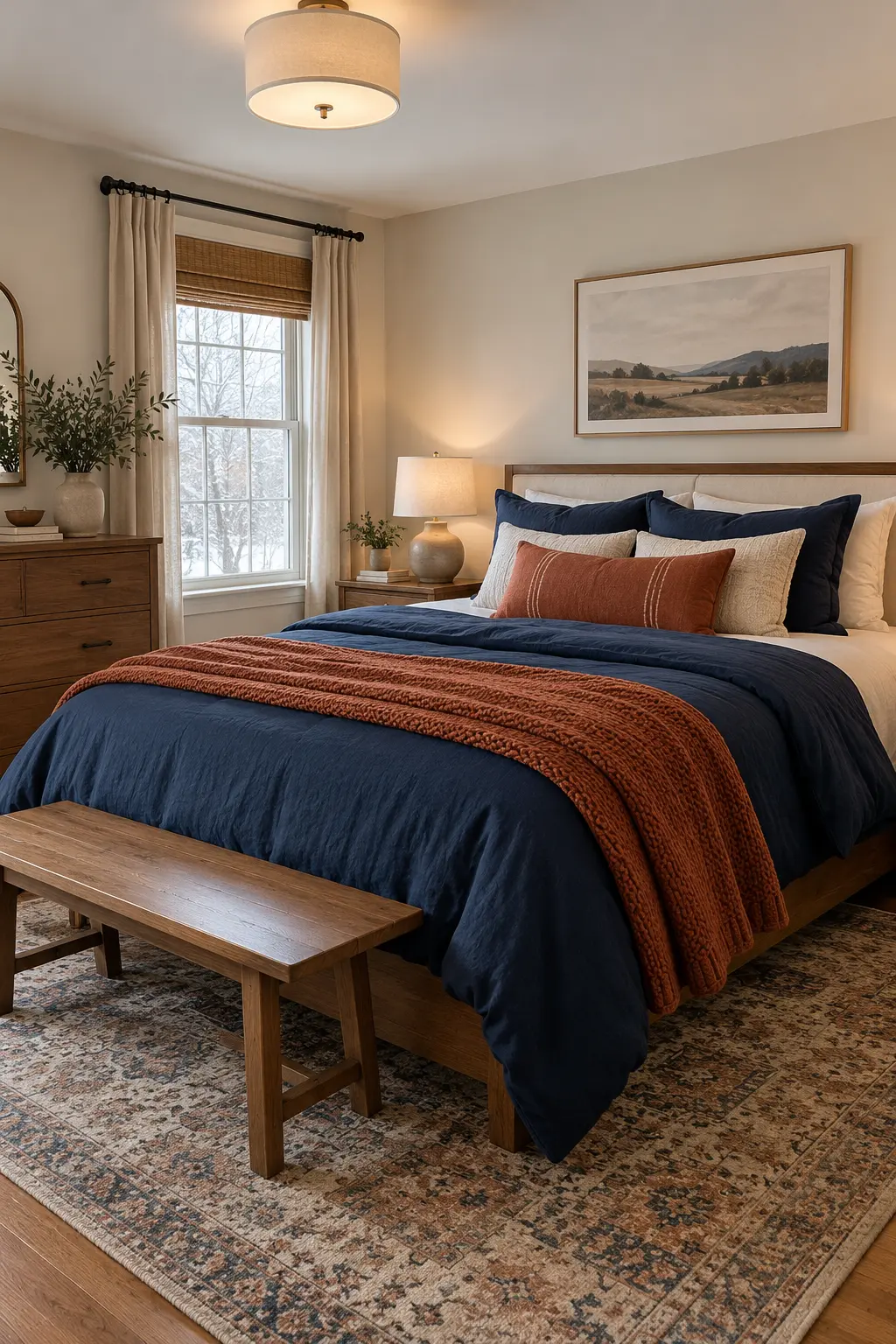 Navy winter bed with terracotta pillow and rust blanket