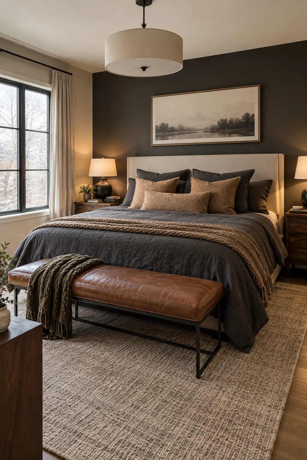 Charcoal winter bedroom with camel wool and cognac leather accents