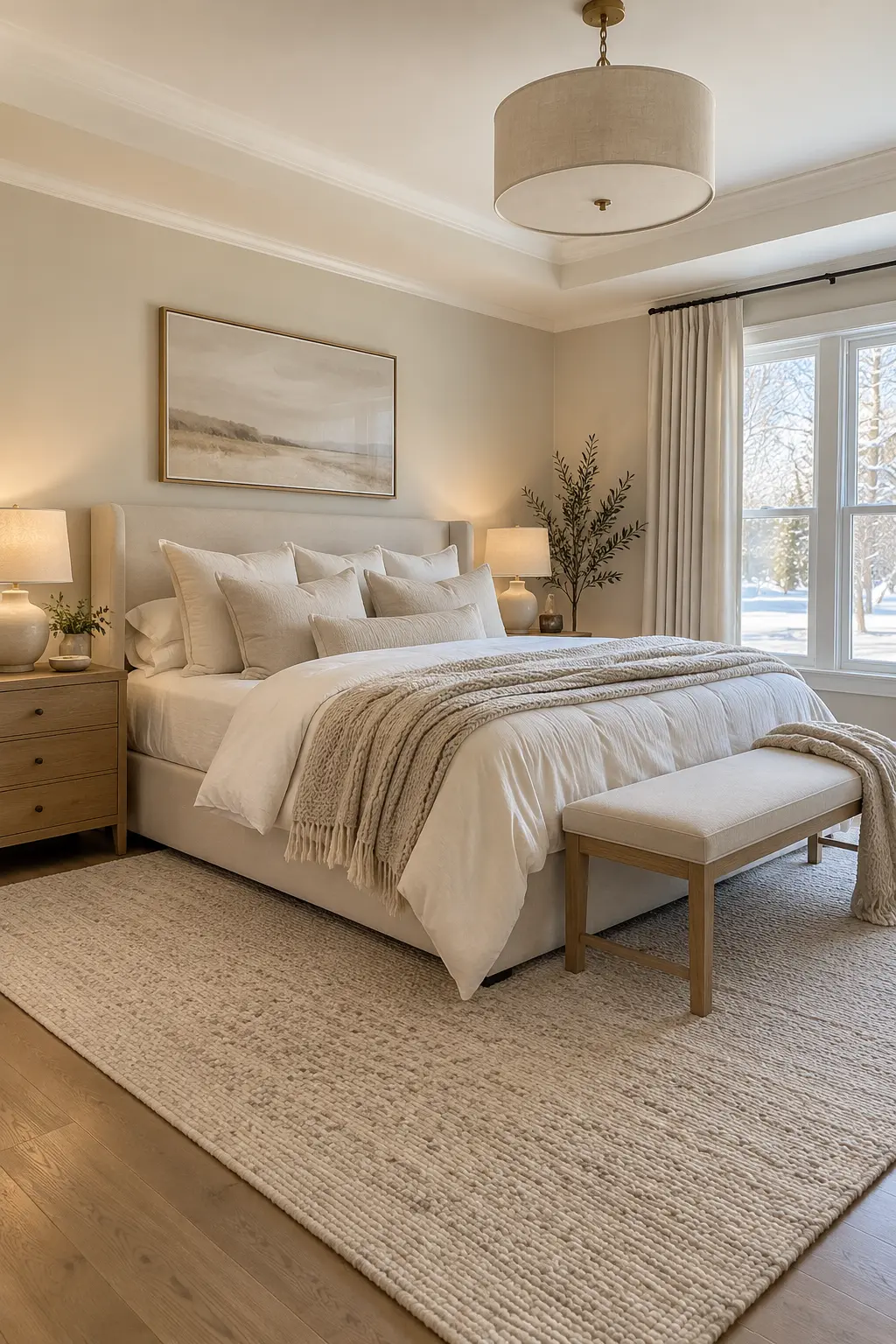 Monochrome cream winter bedroom with ivory oatmeal and pale oak layers