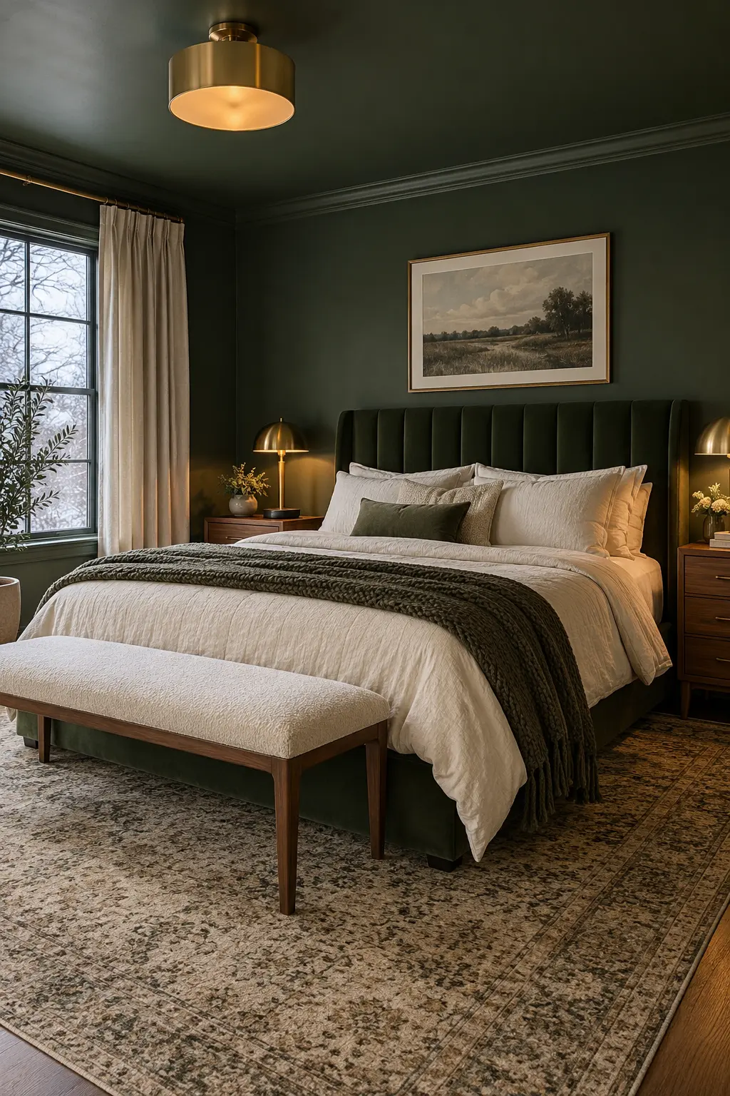 Deep moss-green bedroom with matching walls ceiling and upholstered headboard