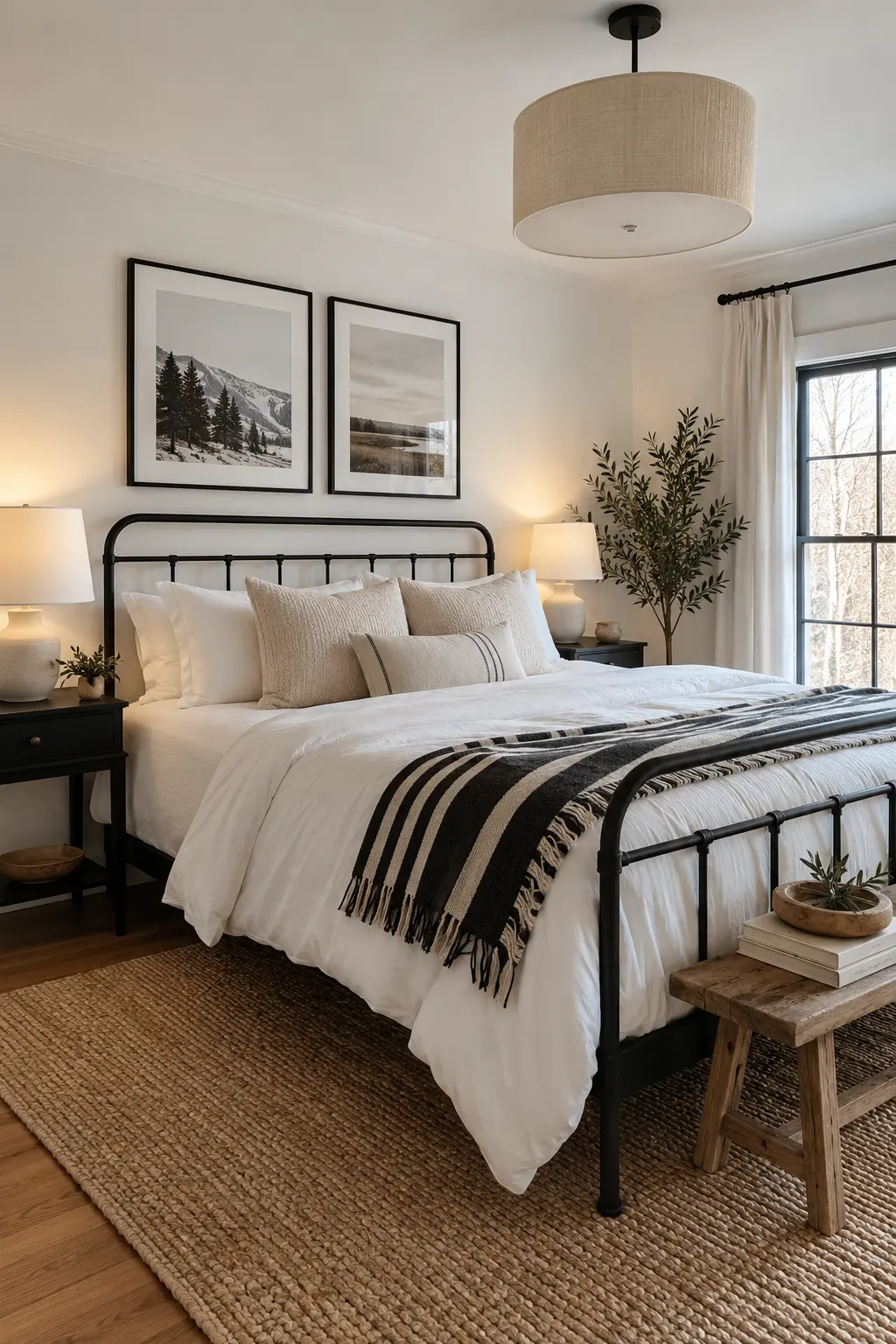 White winter bedroom with a black metal bed frames and striped throw