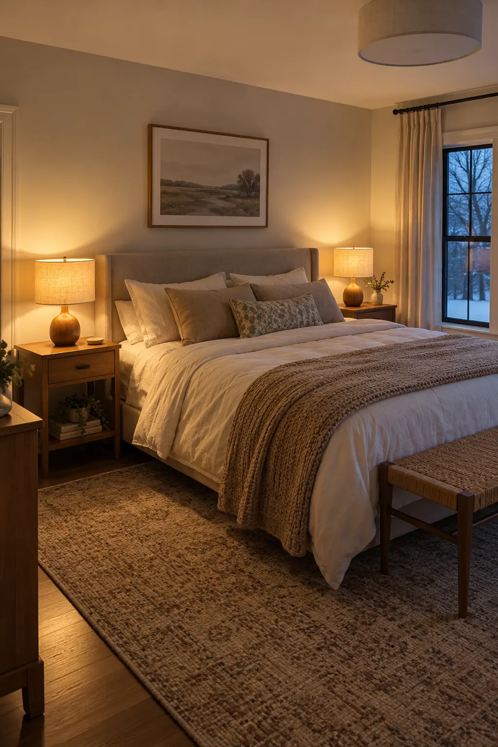 Neutral winter bedroom lit by matching warm wood bedside lamps