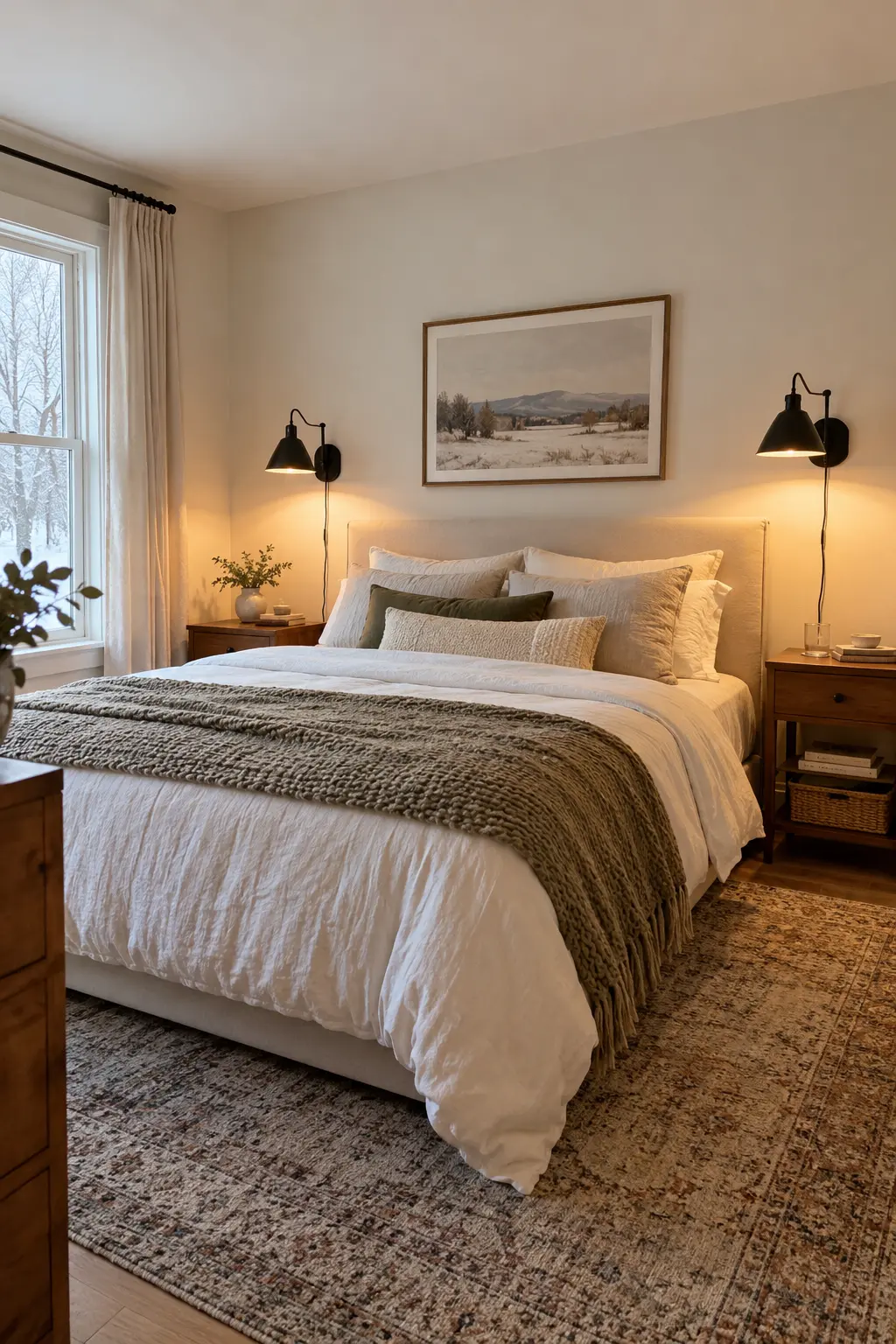 Winter bedroom with black plug-in sconces and neatly routed cords