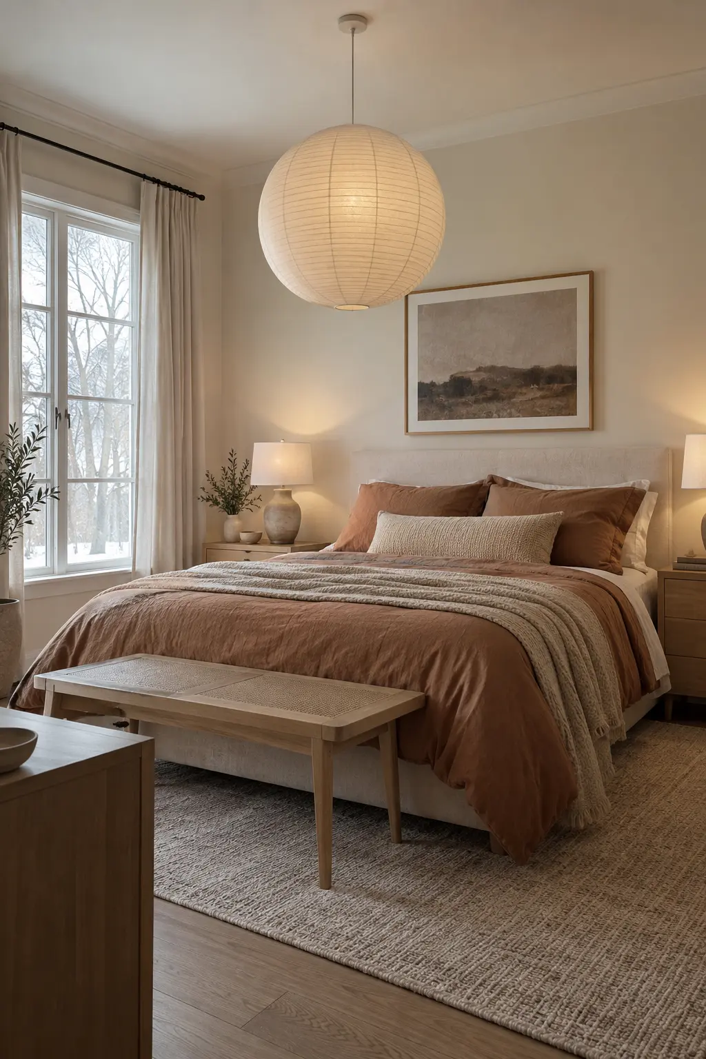 Winter bedroom with a large round paper lantern pendant over the bed