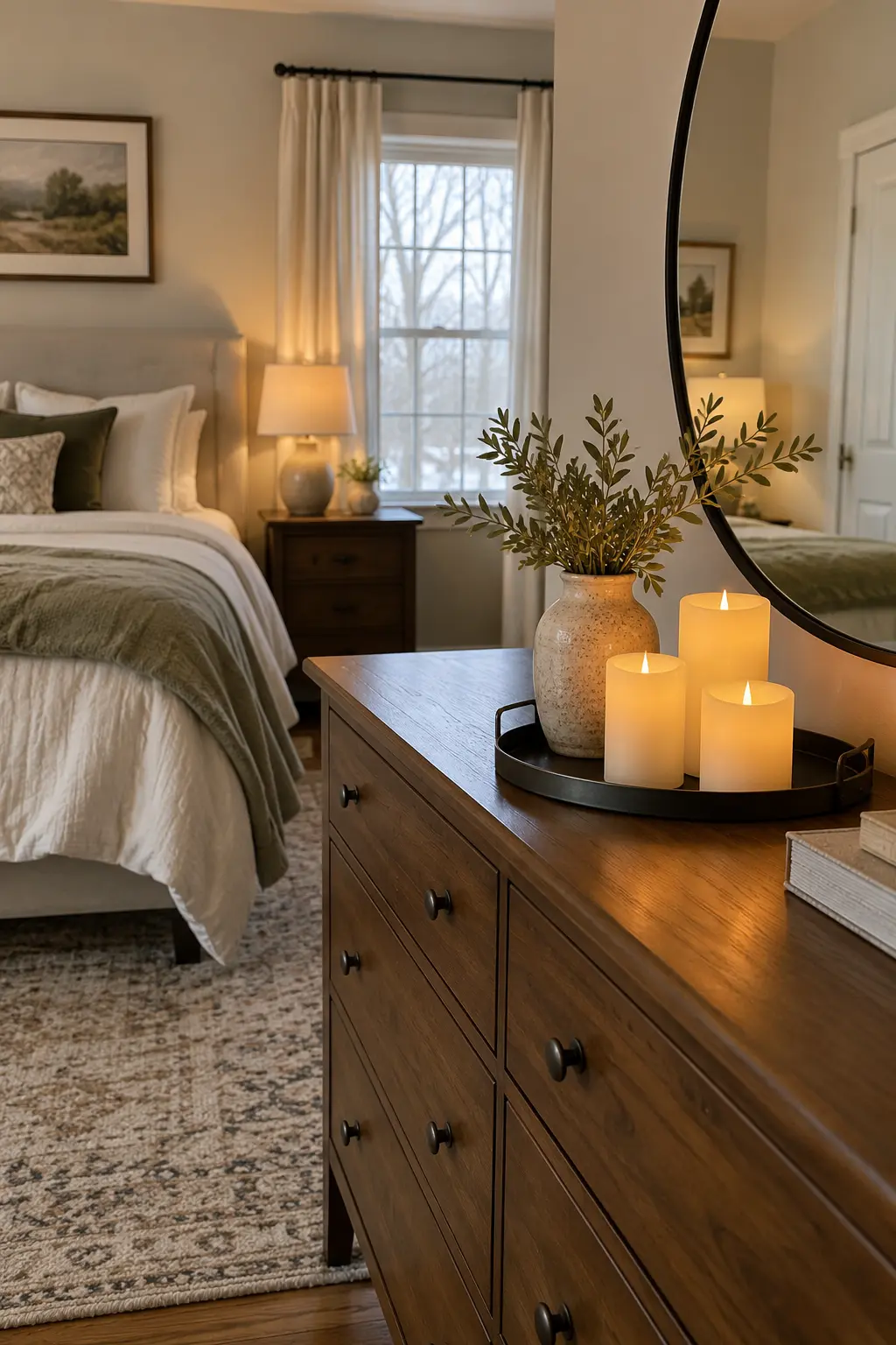 Dresser tray holding three ivory flameless pillar candles in a winter bedroom
