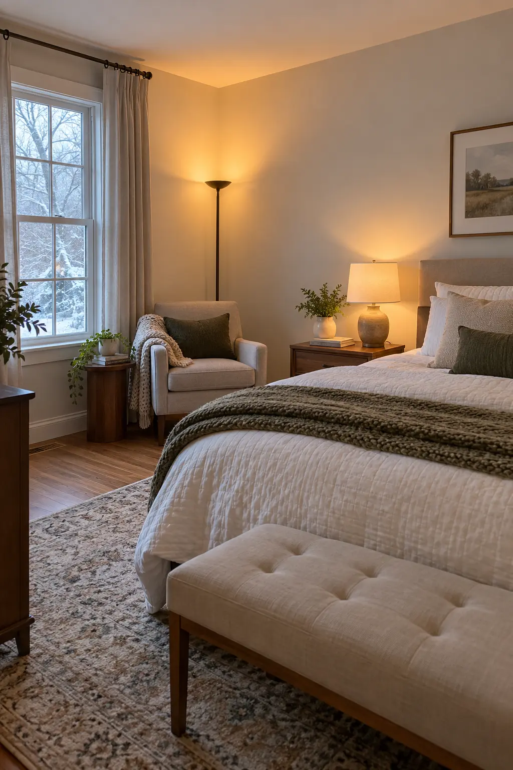 Slim floor uplight brightening a dark winter bedroom corner