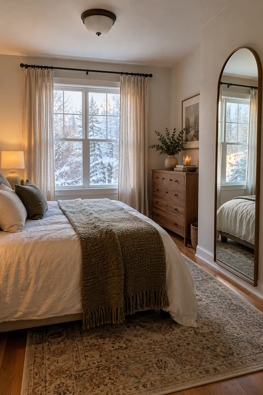Tall arched mirror reflecting winter daylight into a small bedroom