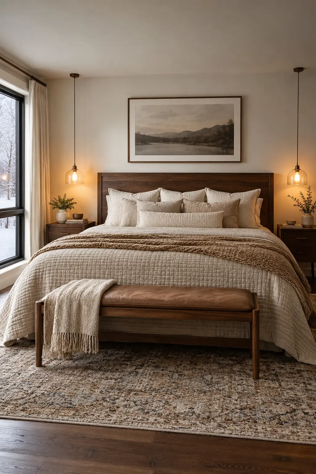 Winter bedroom with two small pendant lights over walnut nightstands