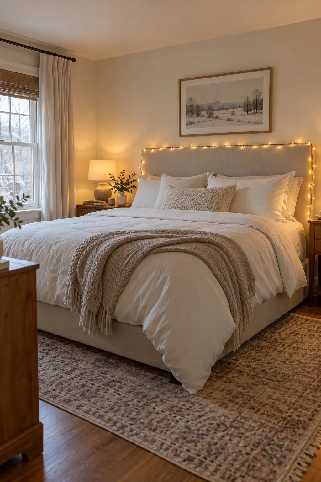 Subtle warm micro lights tracing a fabric headboard in a winter bedroom