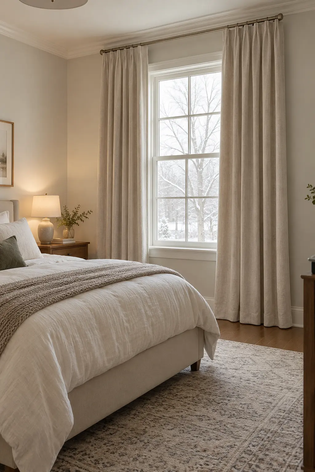 Oatmeal thermal curtain panels hanging to the floor in a winter bedroom
