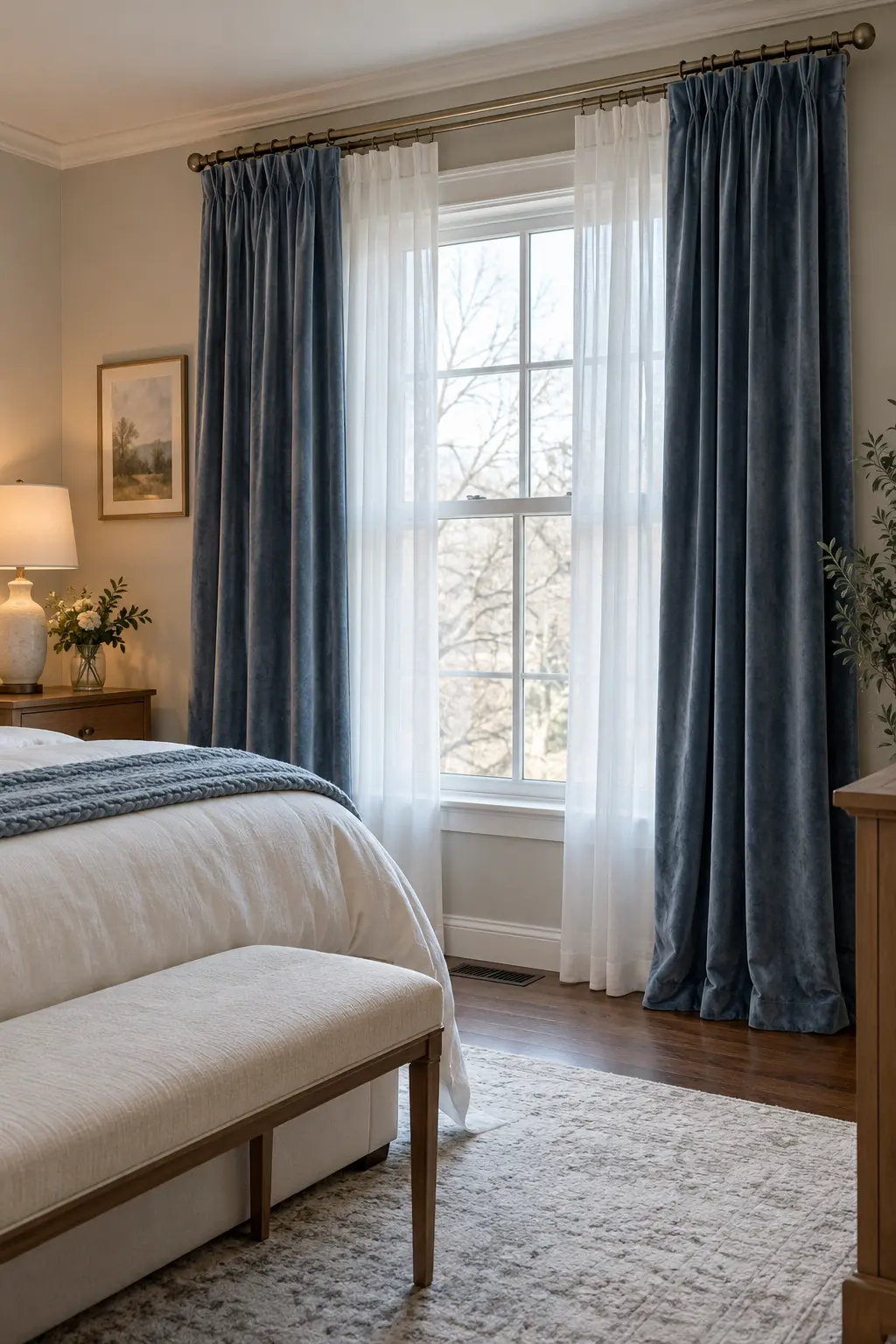 Bedroom window layered with white sheers and muted blue velvet curtains