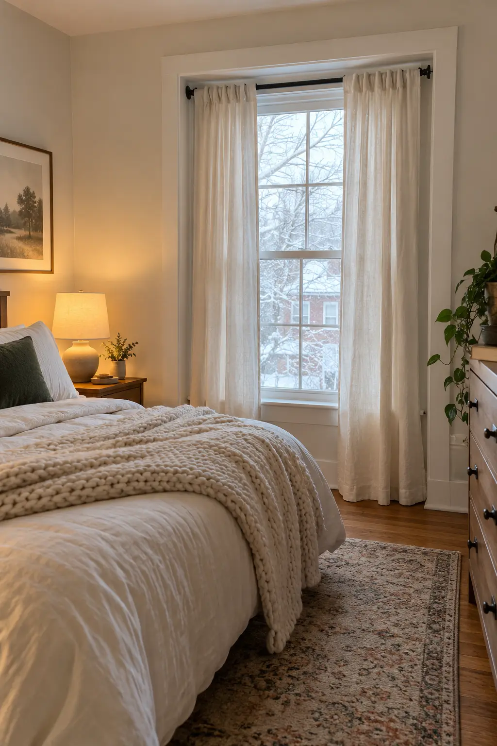 Renter bedroom with cream curtains on a black tension rod inside the window recess