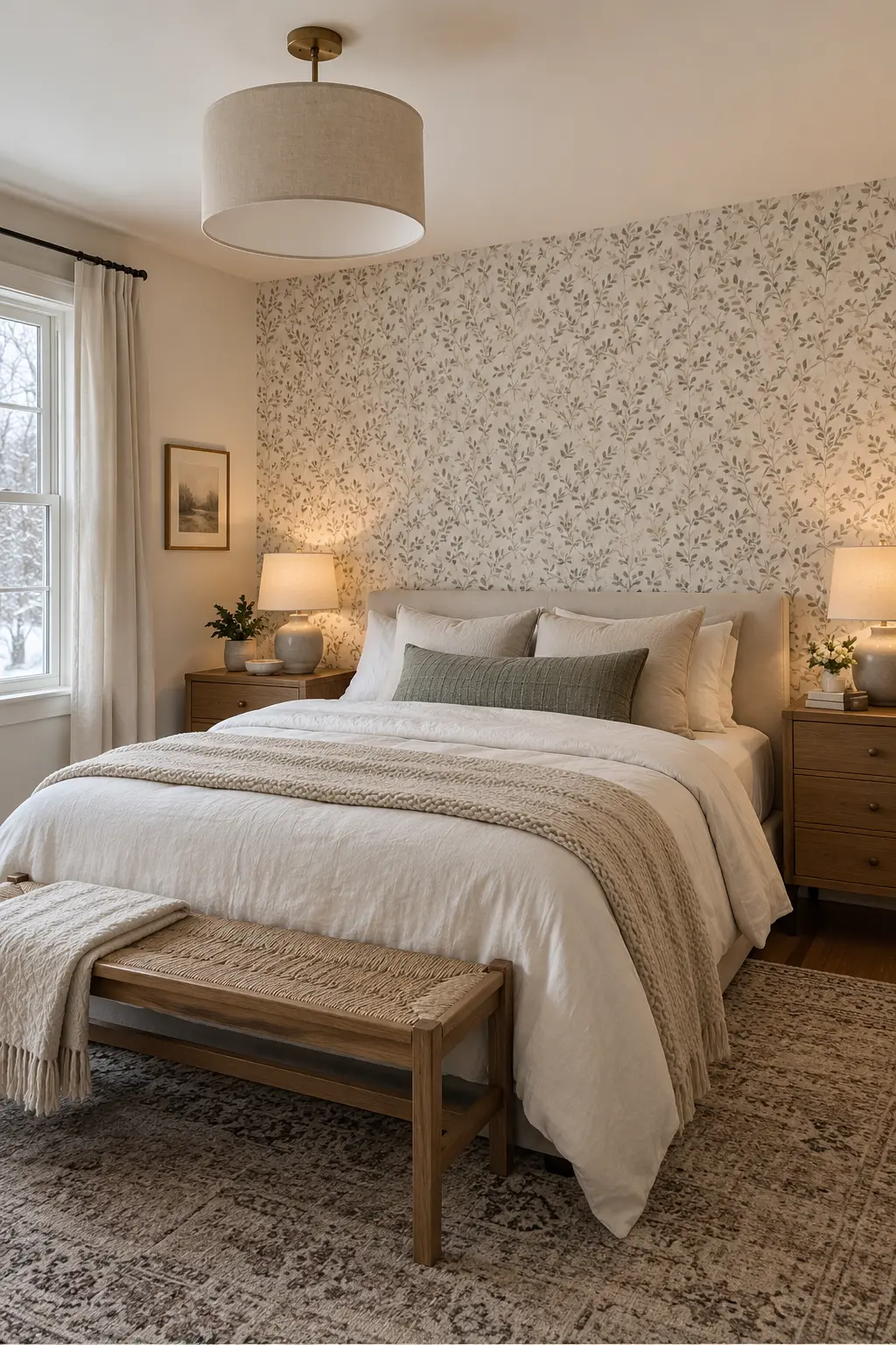 Renter-friendly taupe botanical wallpaper on the wall behind a winter bed