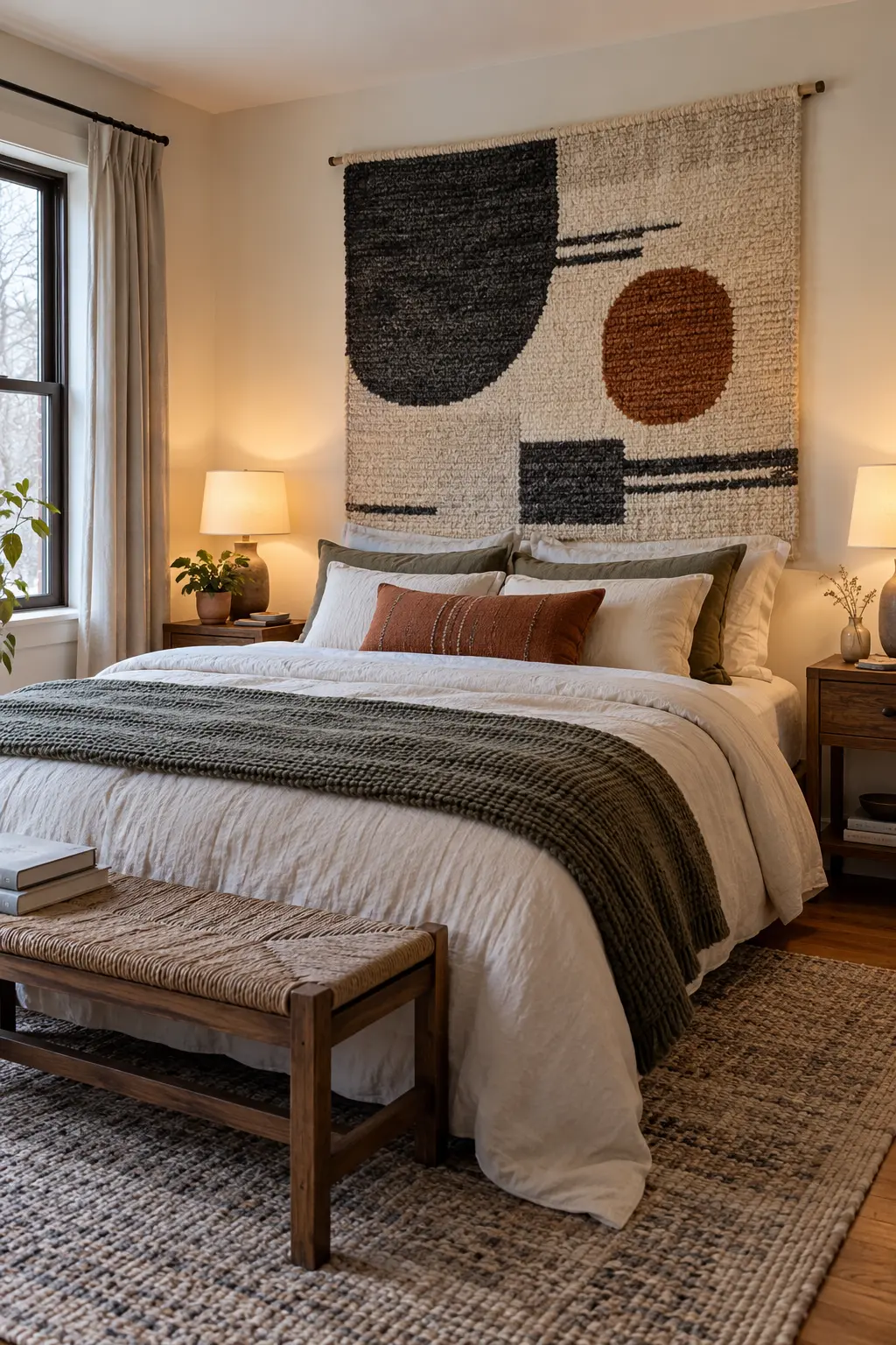 Large cream charcoal and rust woven textile centered above a winter bed